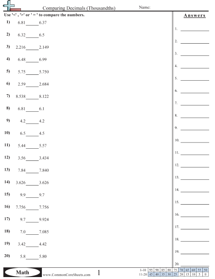 Comparing to Thousandths Worksheet - Comparing to Thousandths worksheet
